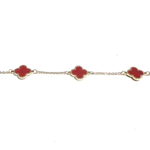 10K Yellow Gold (10mm) Designer Style Clover Beaded Red Coral Bracelet