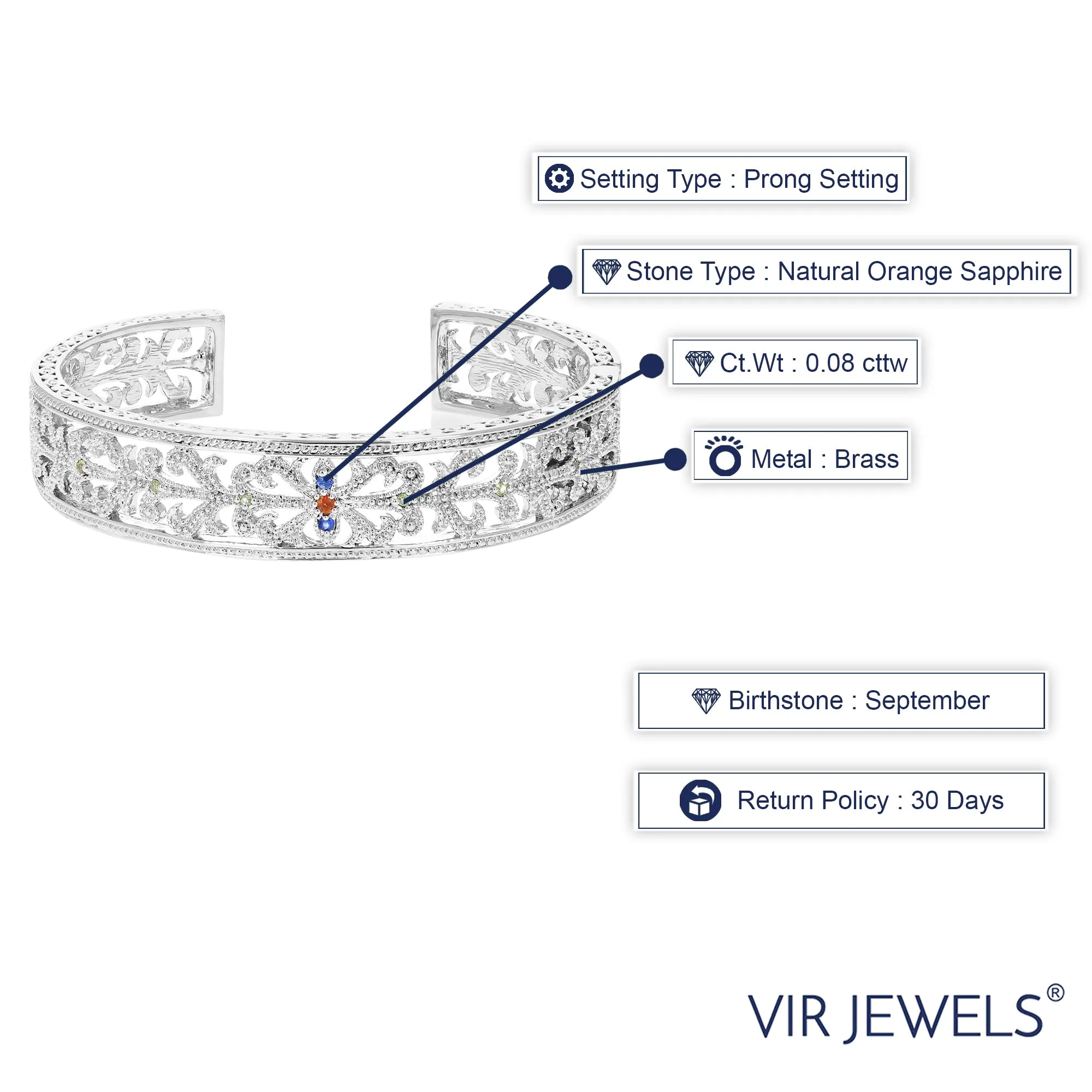 1/12 cttw Multi Sapphire Cuff Bangle Bracelet Brass With Rhodium Plating
