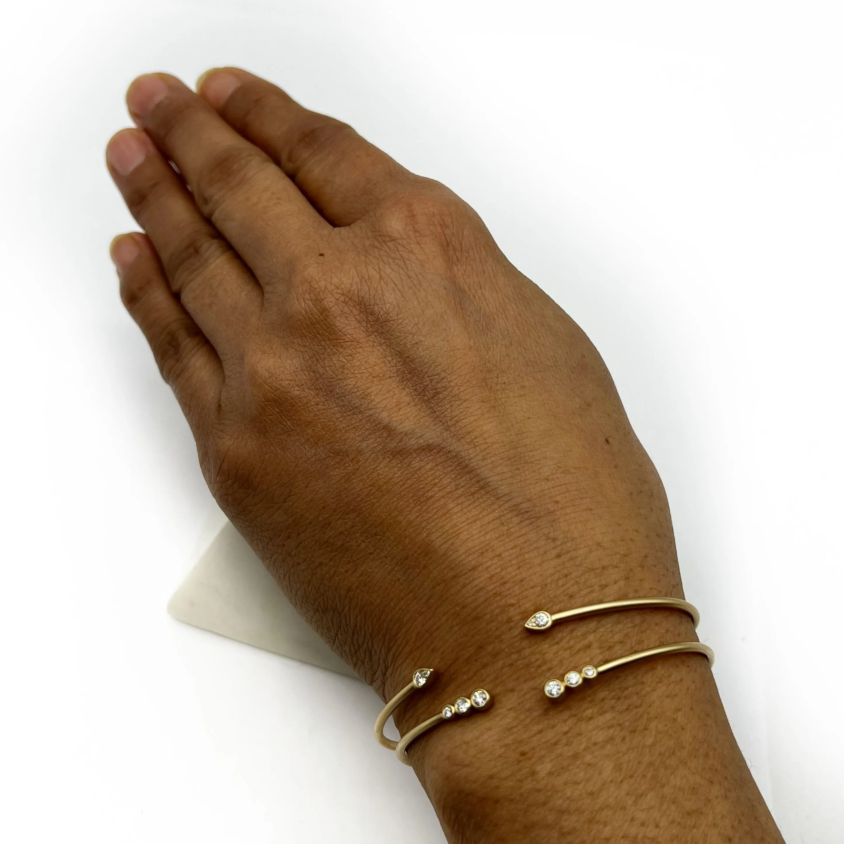 14 Karat Yellow Gold Diamond Teardrop Open Bangle Matte Finish