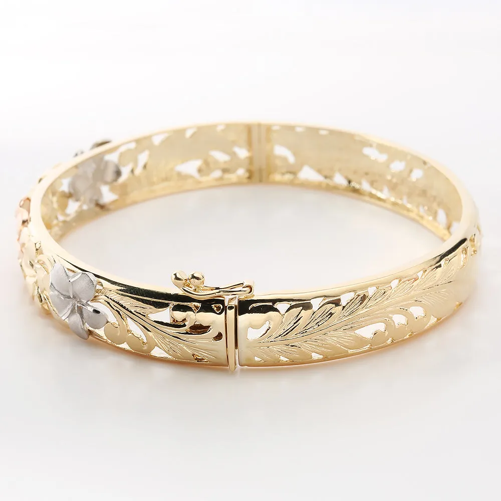 14K Tri-Color Gold Plumeria Bangle 9mm