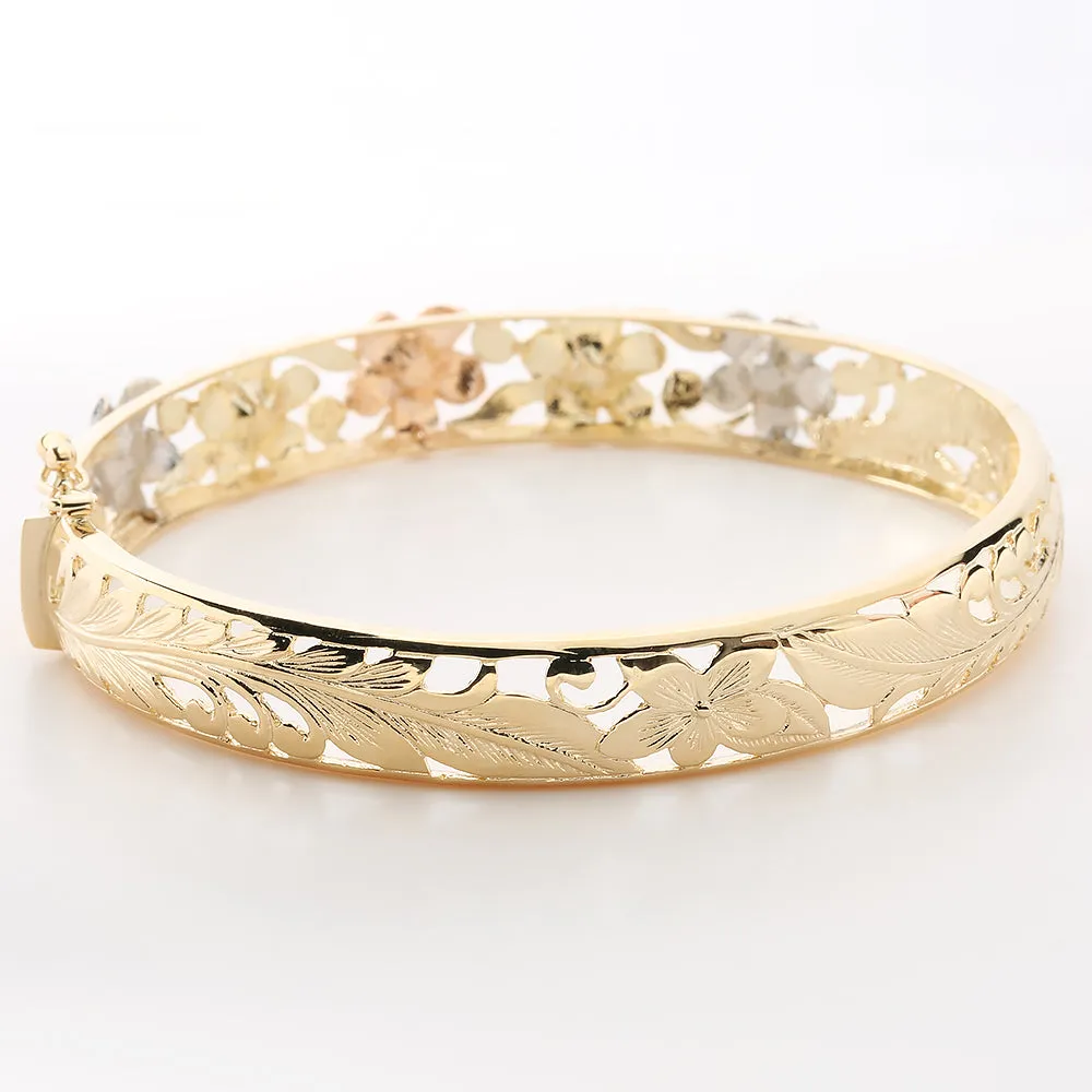 14K Tri-Color Gold Plumeria Bangle 9mm