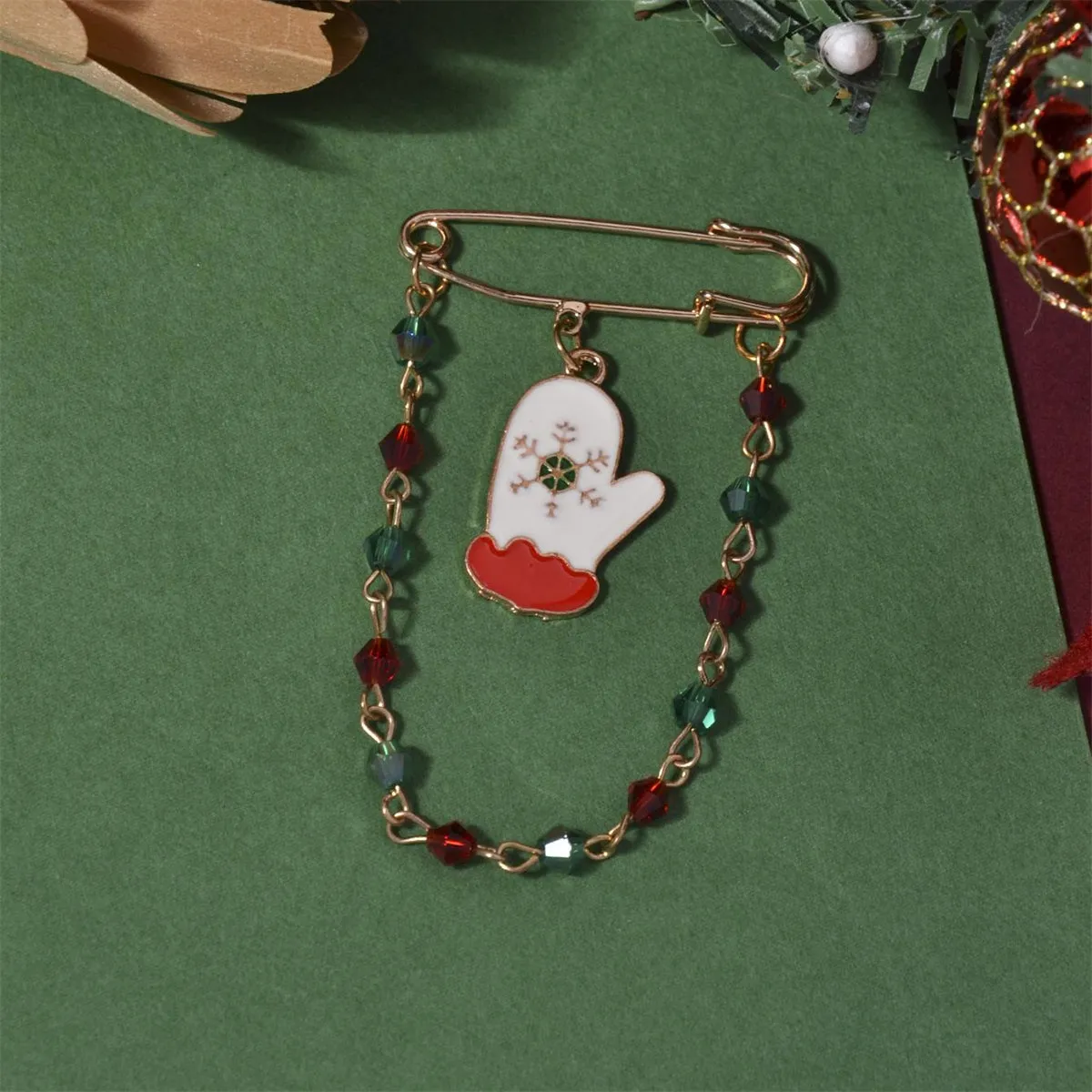 18K Gold-Plated & Multicolor Bead Mitten Chain Brooch