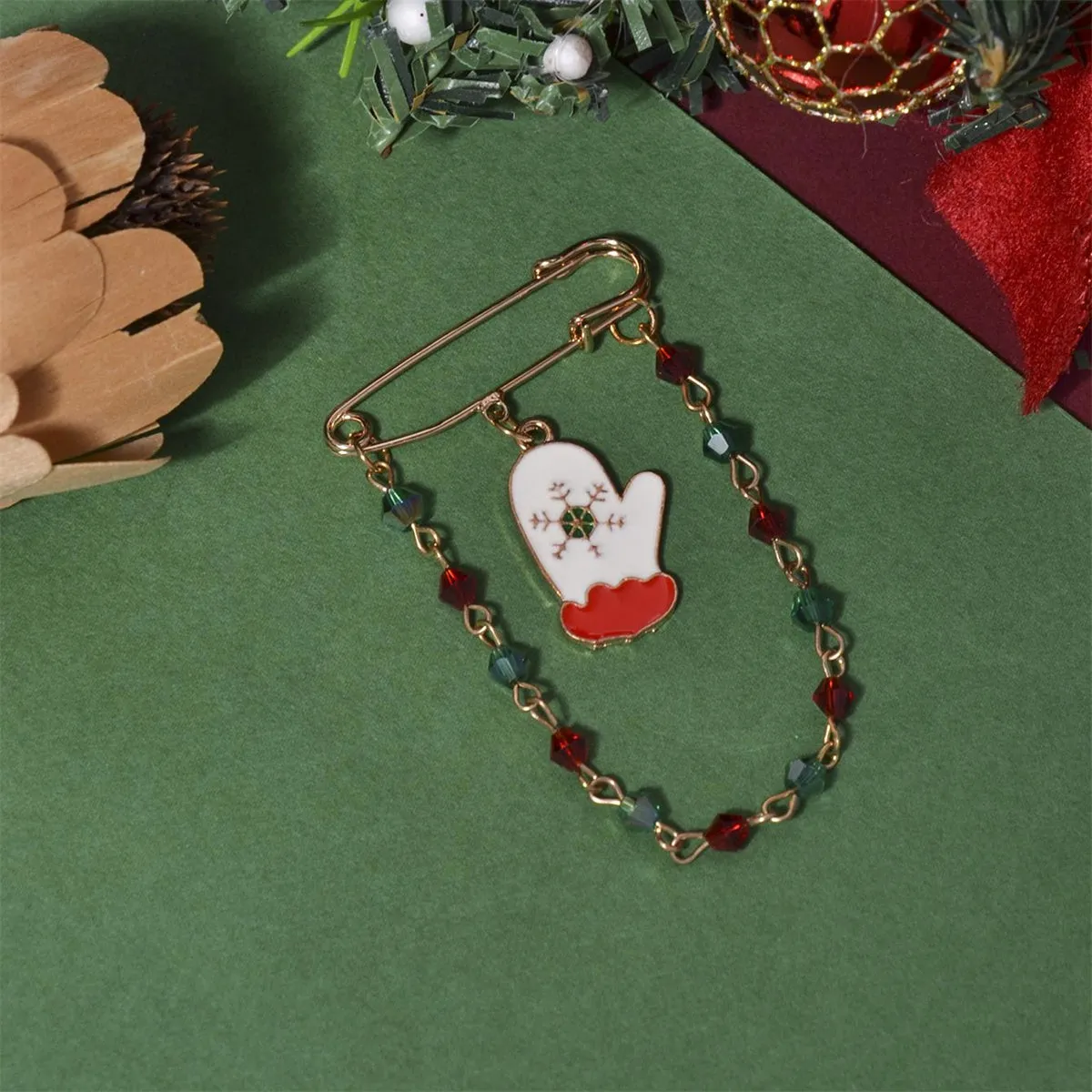 18K Gold-Plated & Multicolor Bead Mitten Chain Brooch