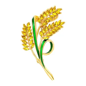 18K Gold-Plated Crystal & Green Enamel Wheat Brooch