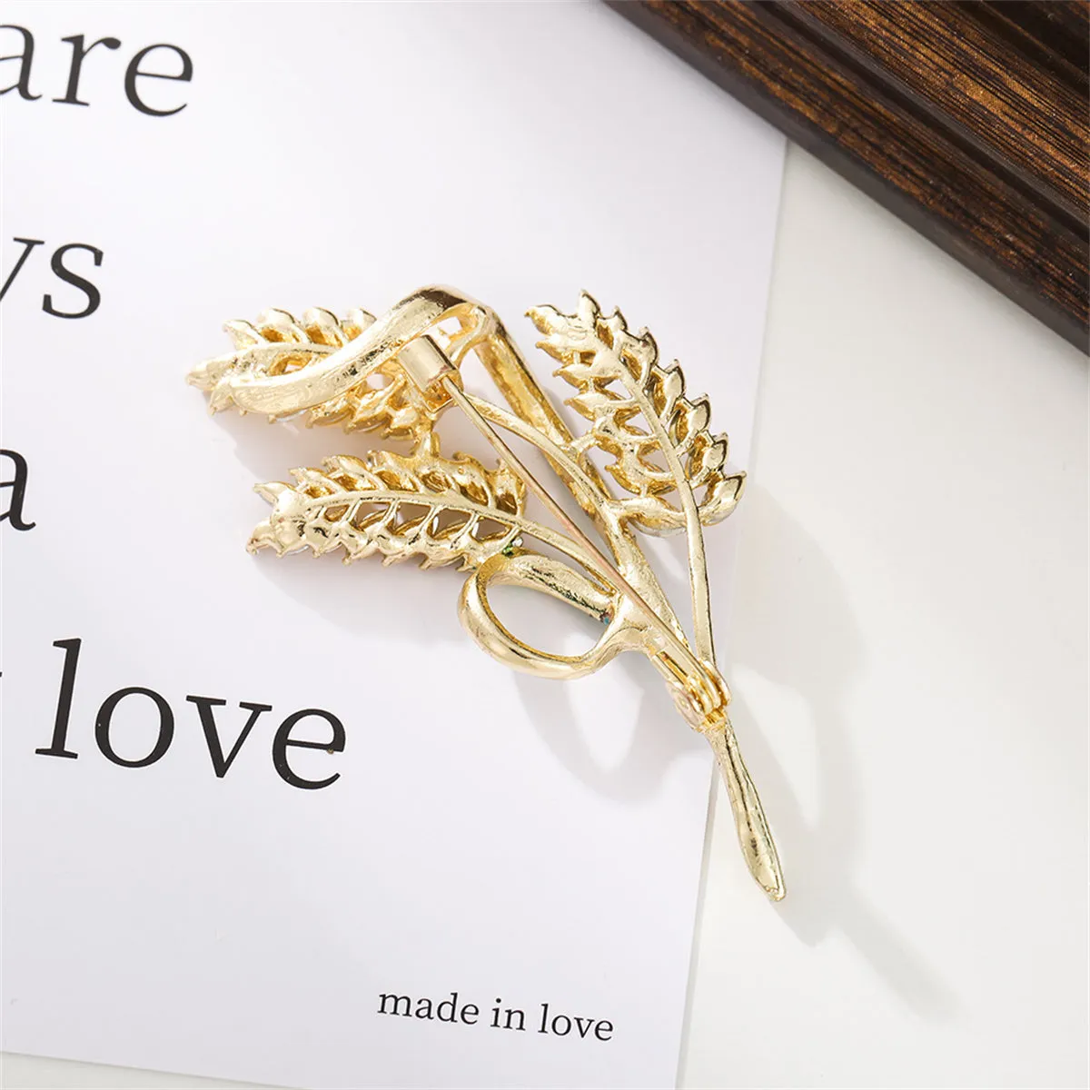 18K Gold-Plated Crystal & Green Enamel Wheat Brooch