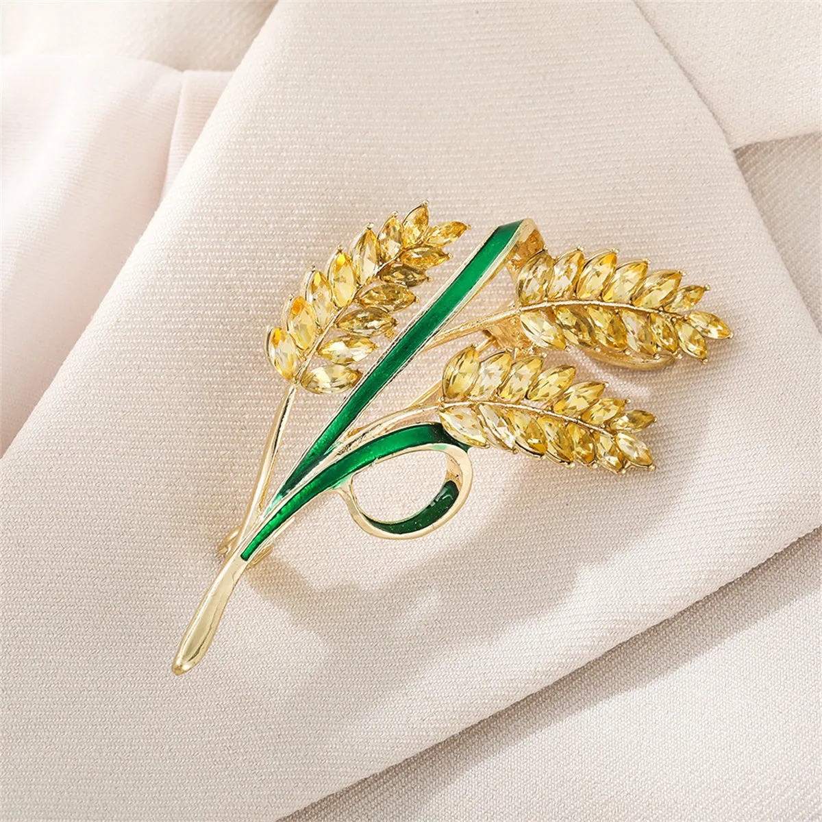 18K Gold-Plated Crystal & Green Enamel Wheat Brooch