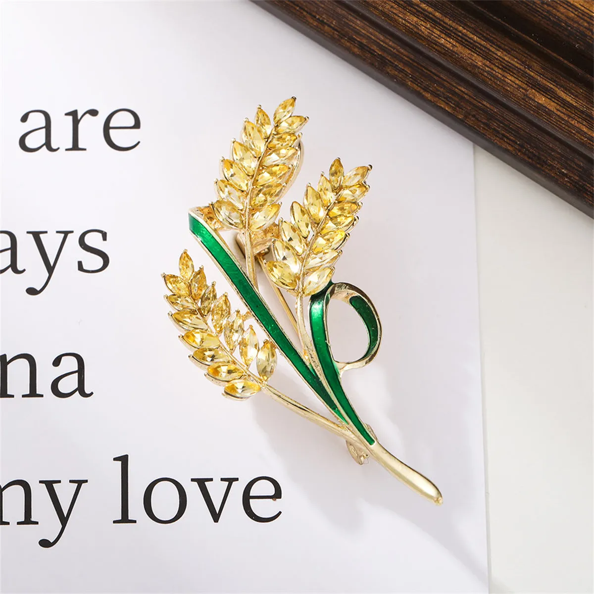 18K Gold-Plated Crystal & Green Enamel Wheat Brooch