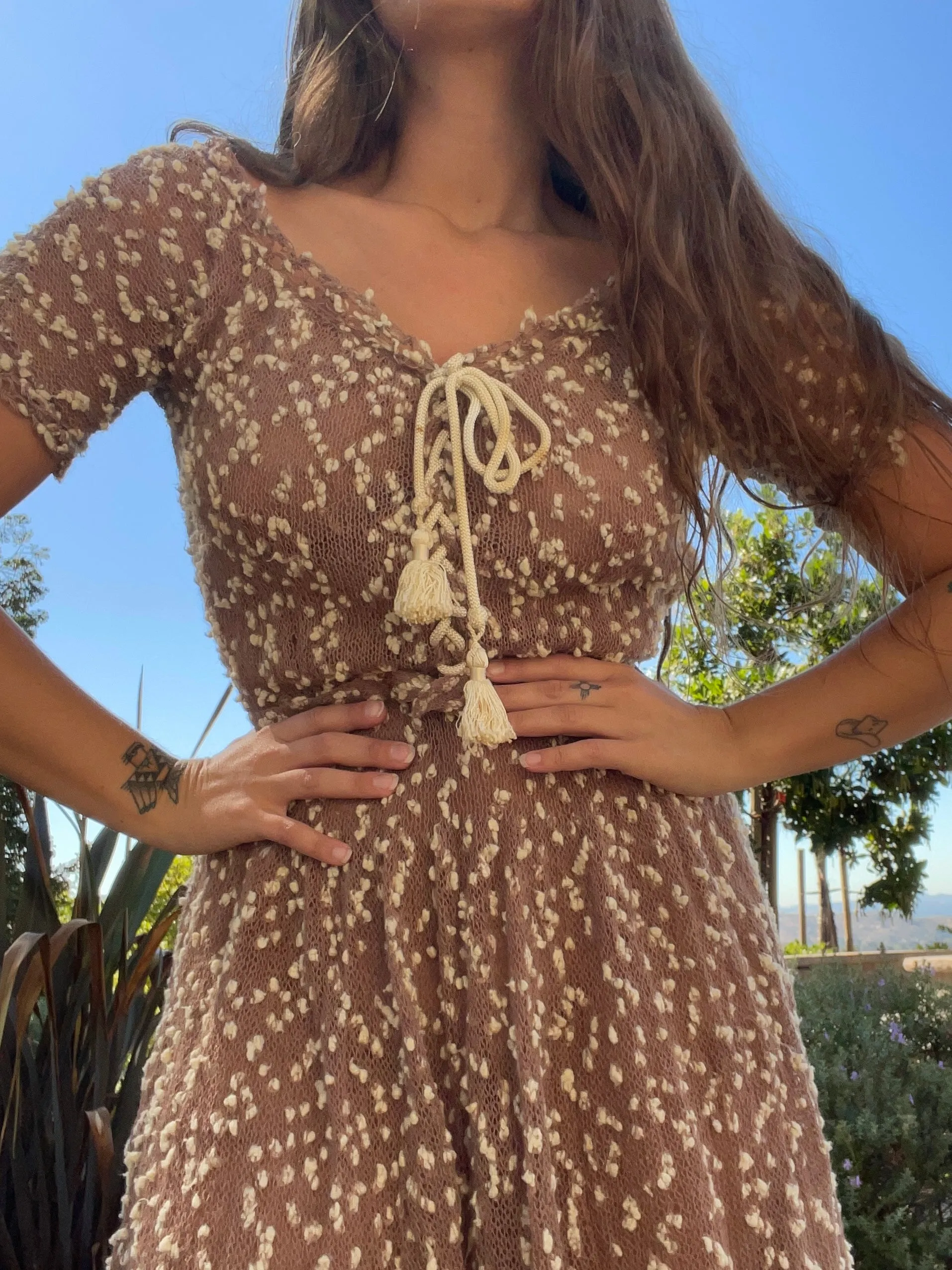 1940s Nubby Popcorn Wool Knit Lace Up Dress