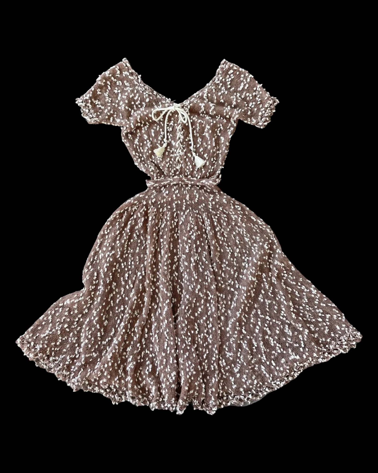 1940s Nubby Popcorn Wool Knit Lace Up Dress
