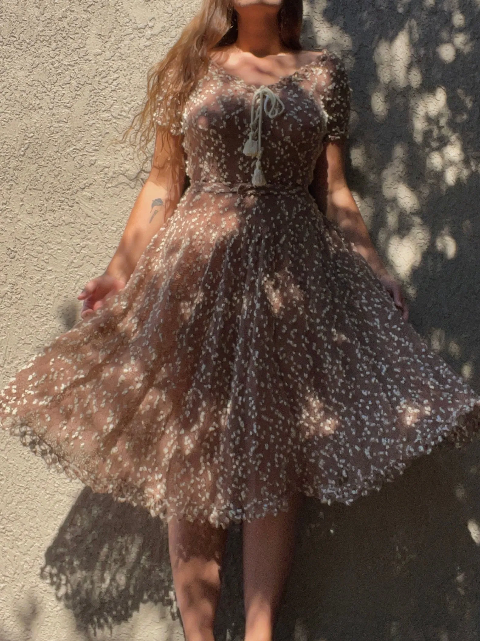 1940s Nubby Popcorn Wool Knit Lace Up Dress