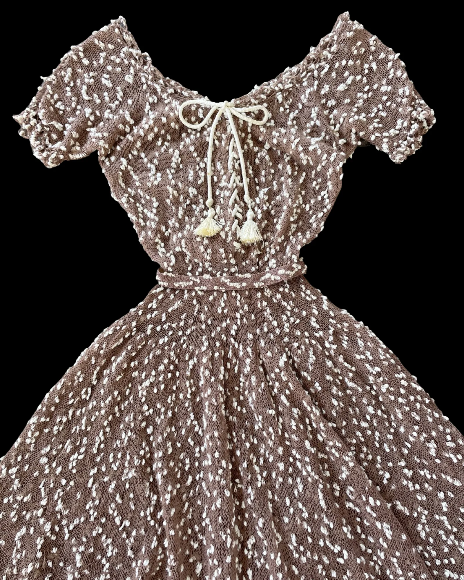 1940s Nubby Popcorn Wool Knit Lace Up Dress