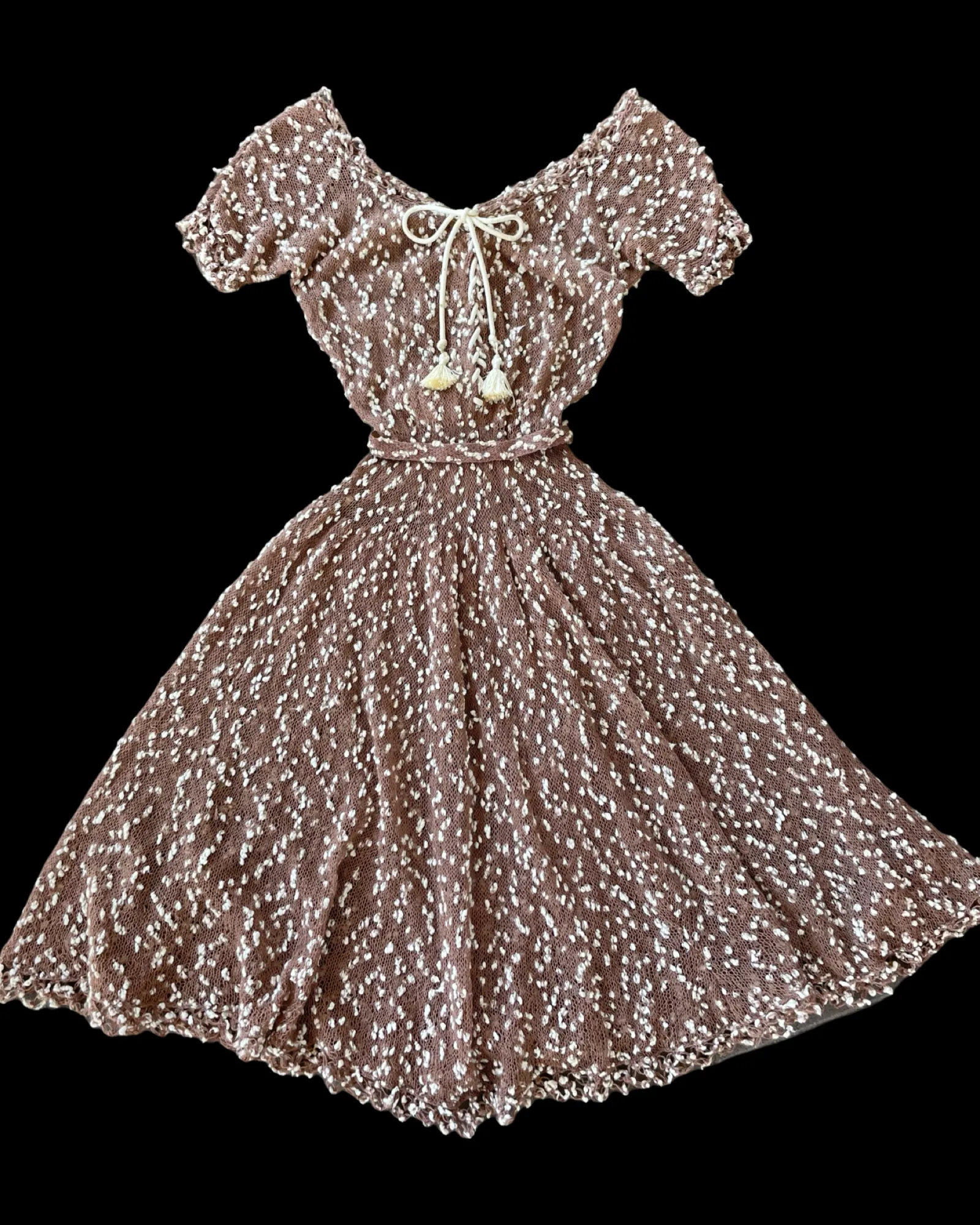 1940s Nubby Popcorn Wool Knit Lace Up Dress