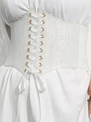 1pc Eyelet Decor Floral Print Lace Up Front Corset Belt - White