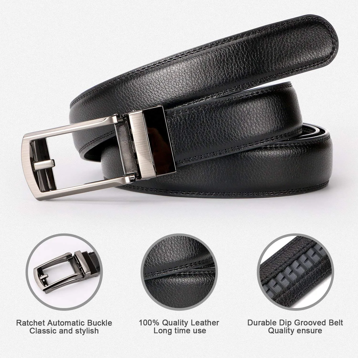 2 Pack Leather Ratchet Dress Belt for Men Perfect Fit Waist Size Up to 44" with Automatic Buckle