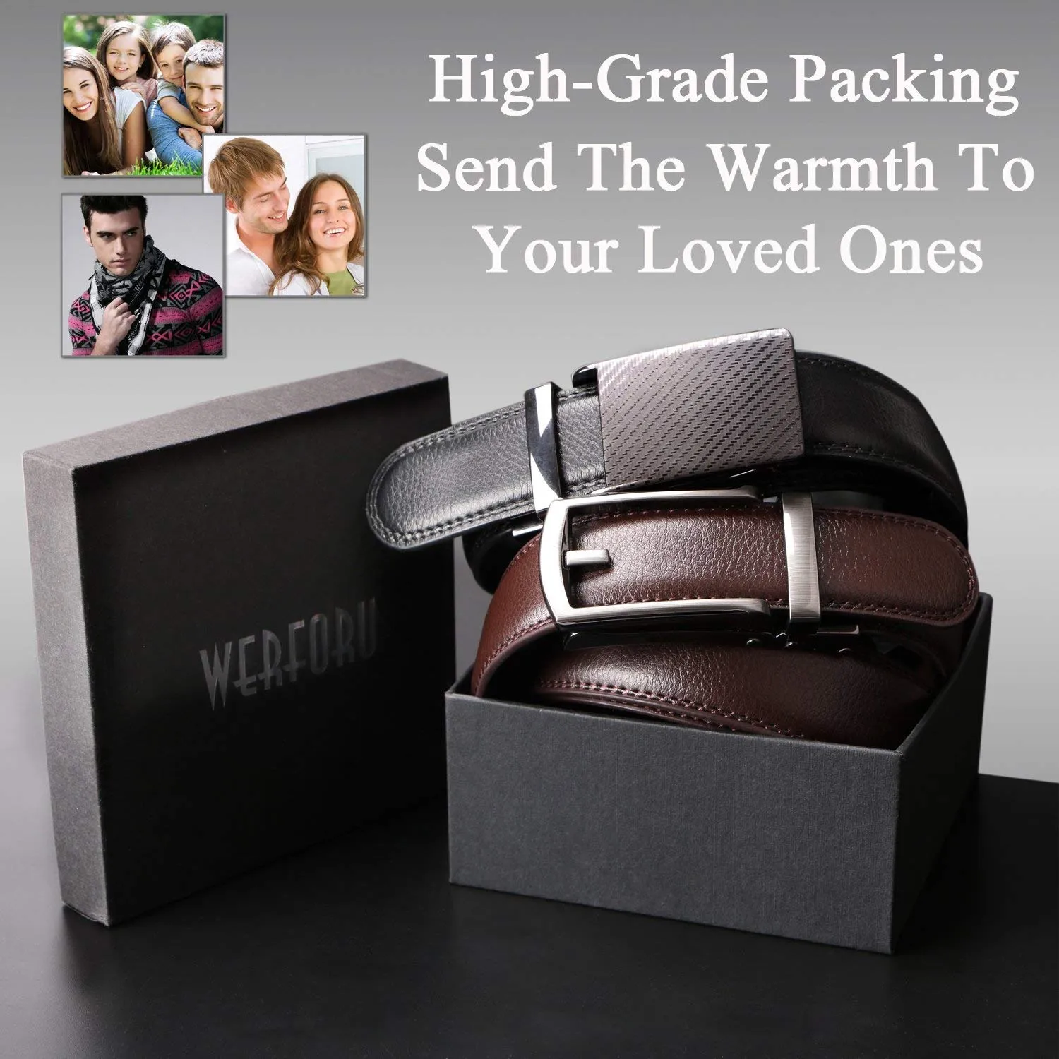 2 Pack Leather Ratchet Dress Belt for Men Perfect Fit Waist Size Up to 44" with Automatic Buckle