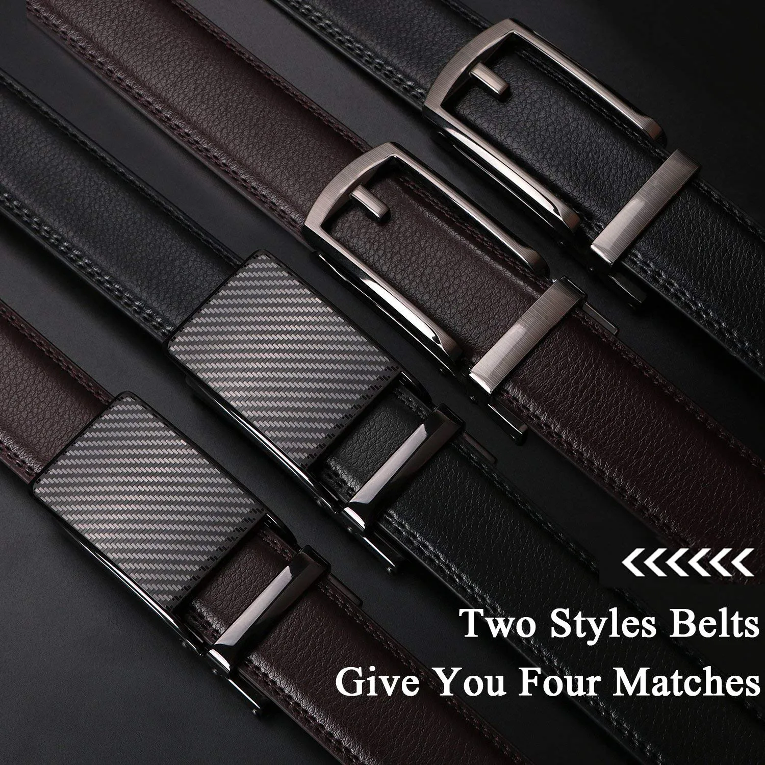 2 Pack Leather Ratchet Dress Belt for Men Perfect Fit Waist Size Up to 44" with Automatic Buckle