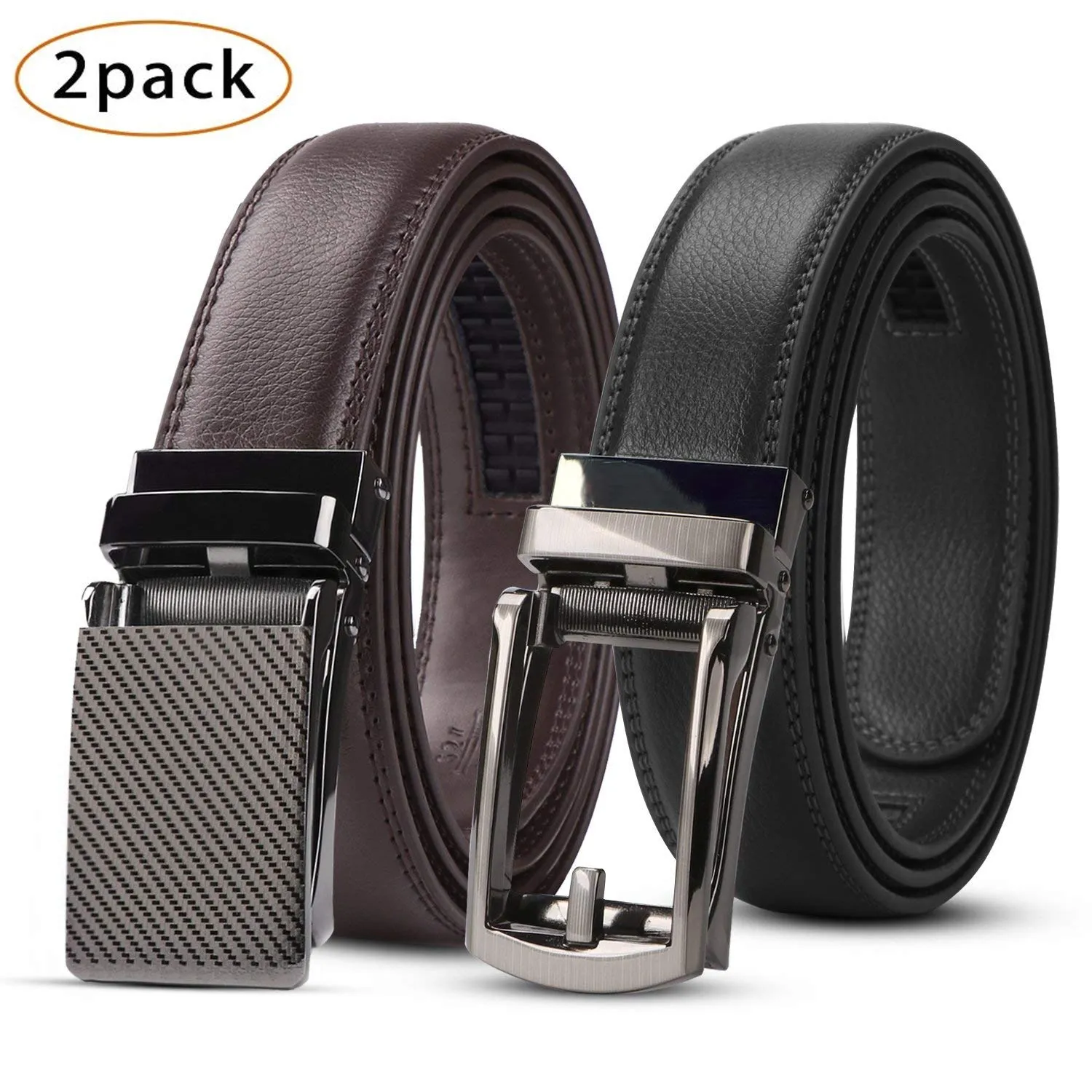 2 Pack Leather Ratchet Dress Belt for Men Perfect Fit Waist Size Up to 44" with Automatic Buckle