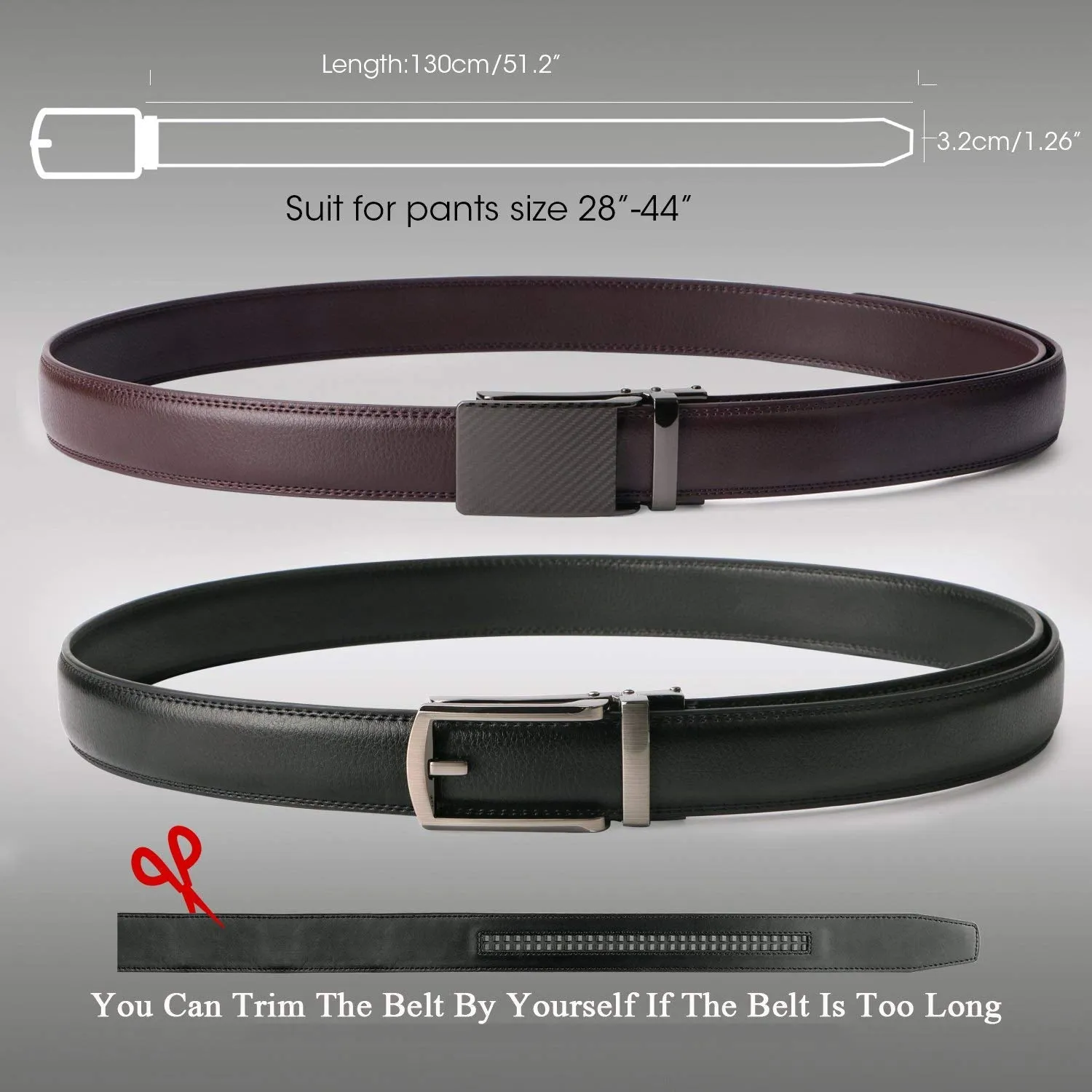 2 Pack Leather Ratchet Dress Belt for Men Perfect Fit Waist Size Up to 44" with Automatic Buckle