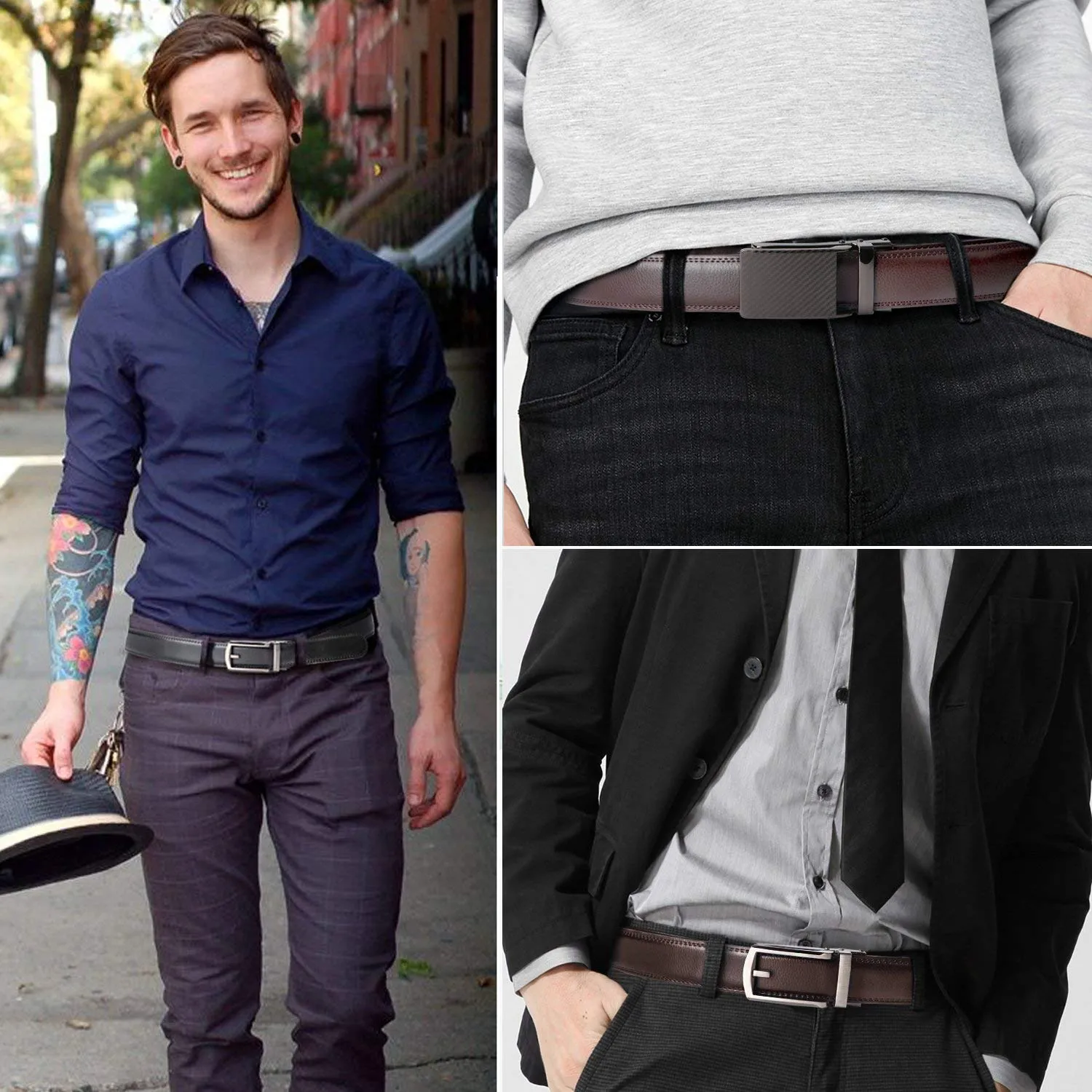 2 Pack Leather Ratchet Dress Belt for Men Perfect Fit Waist Size Up to 44" with Automatic Buckle