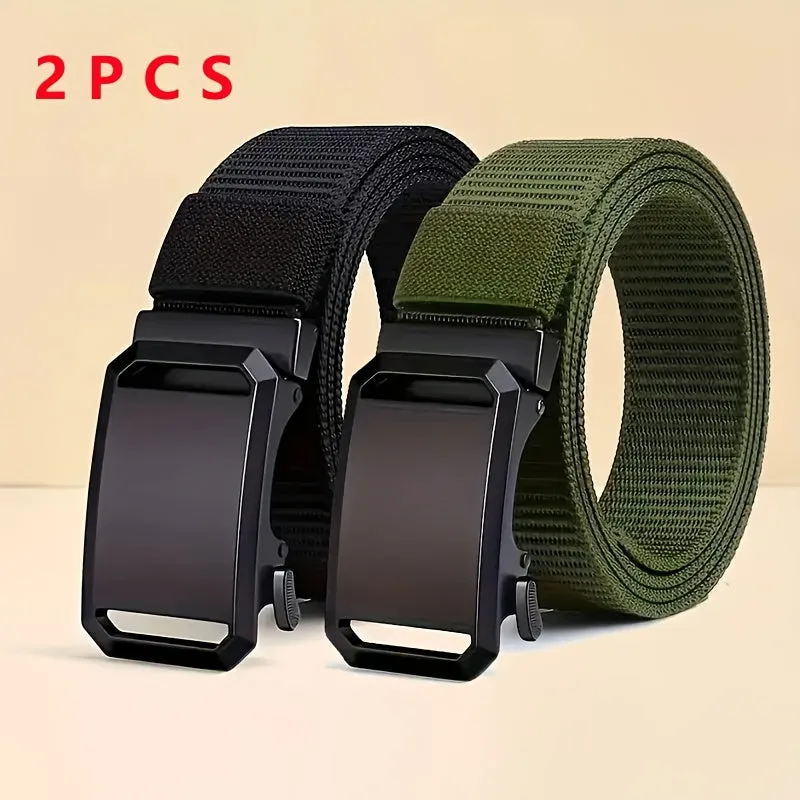 2pcs Automatic Buckle Nylon Belt Iron Buckle Sports Style Men's Pants