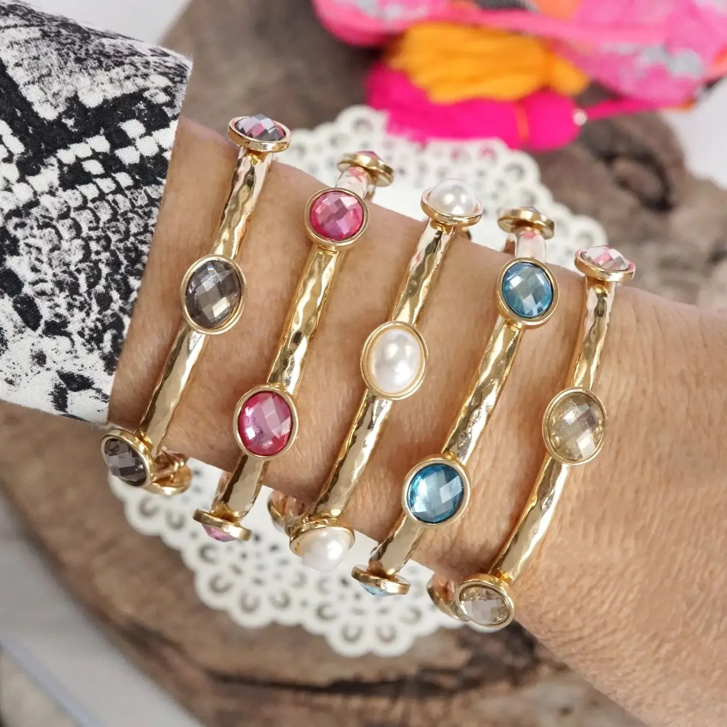5 Piece Boho Beaded Bracelet Stack Semi Precious Glass Beads - Hot Pink