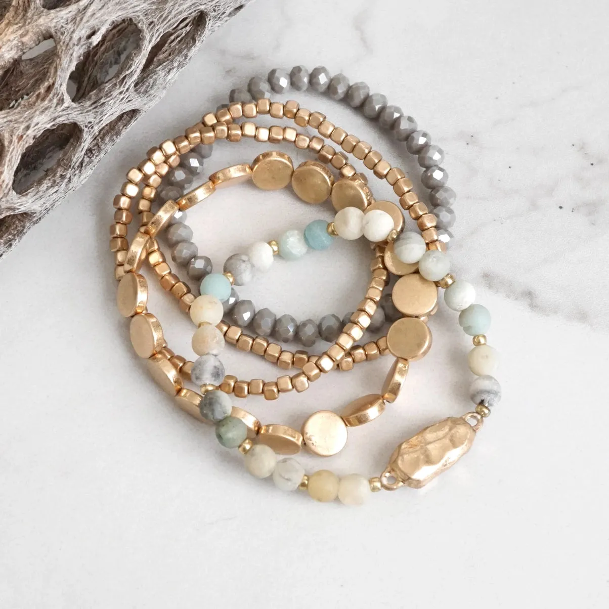 5 Piece Boho Beaded Bracelets Stack Semi Precious Metal Glass Silver