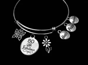 50 and Fabulous Health Peace Happiness Happy Birthday 50th Expandable Silver Charm Bracelet
