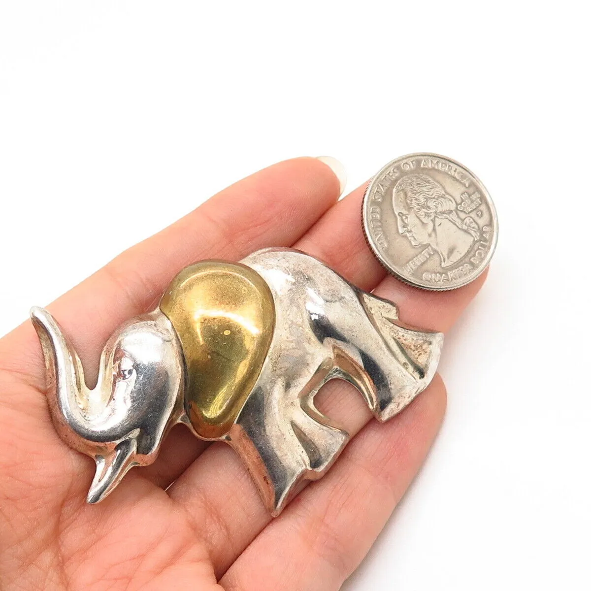 925 Sterling Silver 2-Tone Vintage Mexico Elephant Design Pin Brooch
