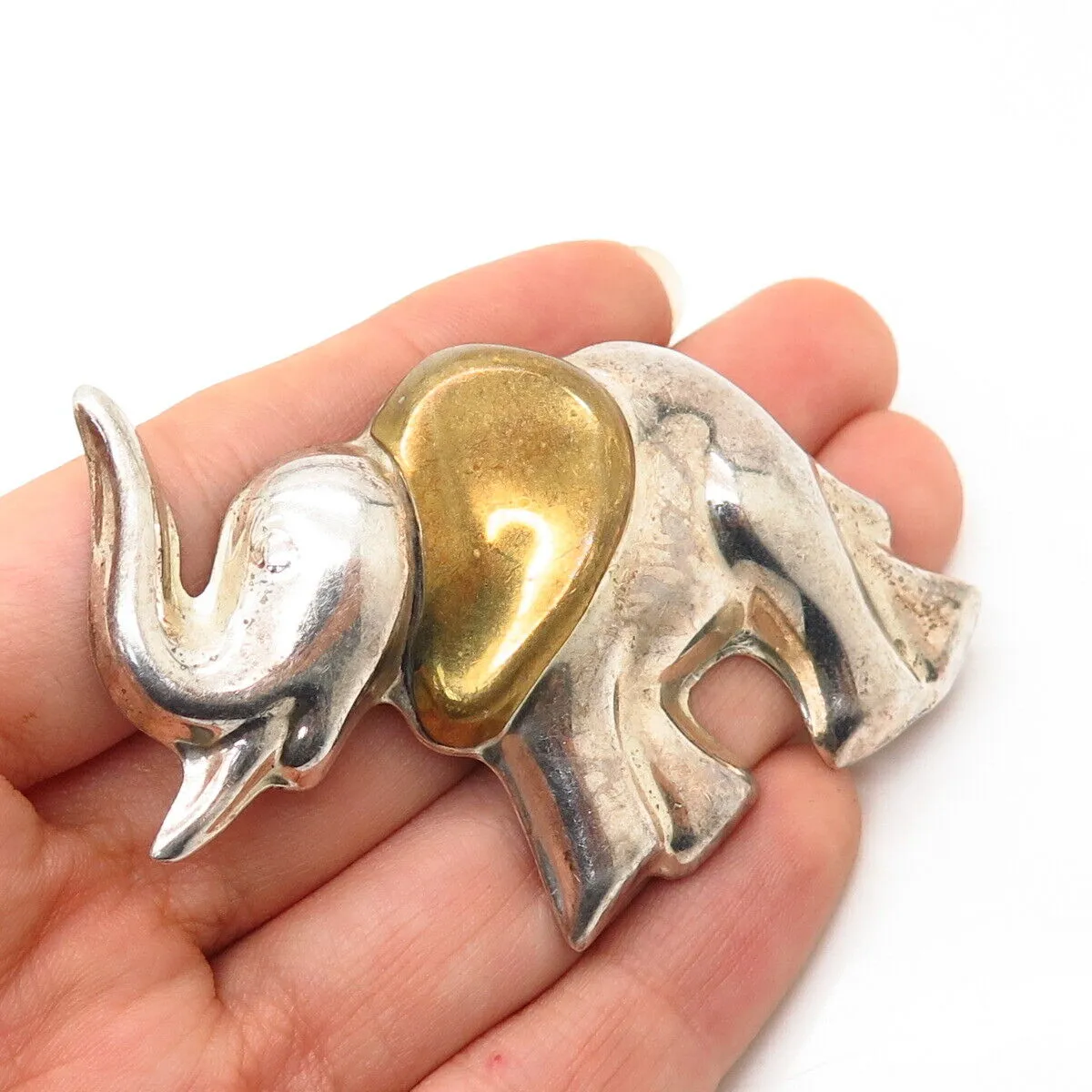 925 Sterling Silver 2-Tone Vintage Mexico Elephant Design Pin Brooch
