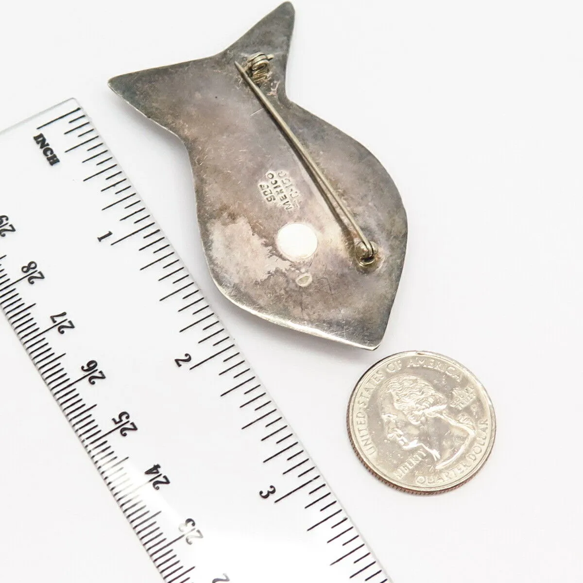 925 Sterling Silver 2-Tone Vintage Mexico Hollow Fish Design Large Pin Brooch