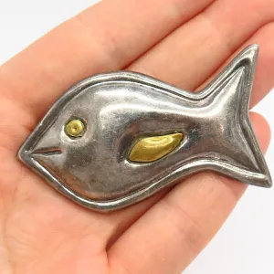 925 Sterling Silver 2-Tone Vintage Mexico Hollow Fish Design Large Pin Brooch