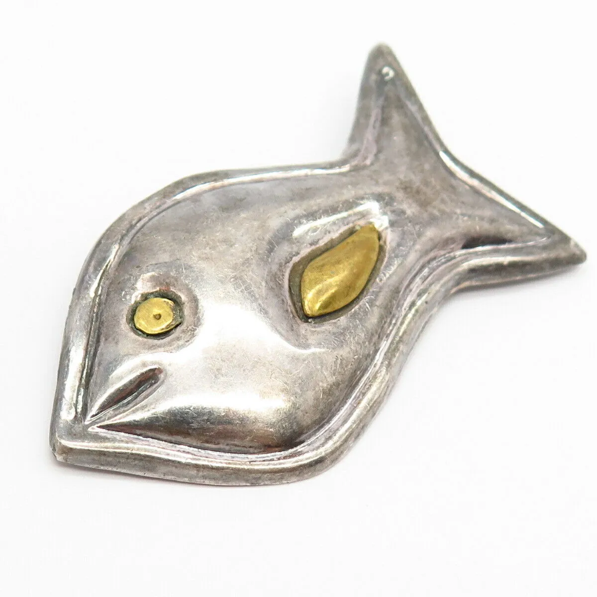 925 Sterling Silver 2-Tone Vintage Mexico Hollow Fish Design Large Pin Brooch