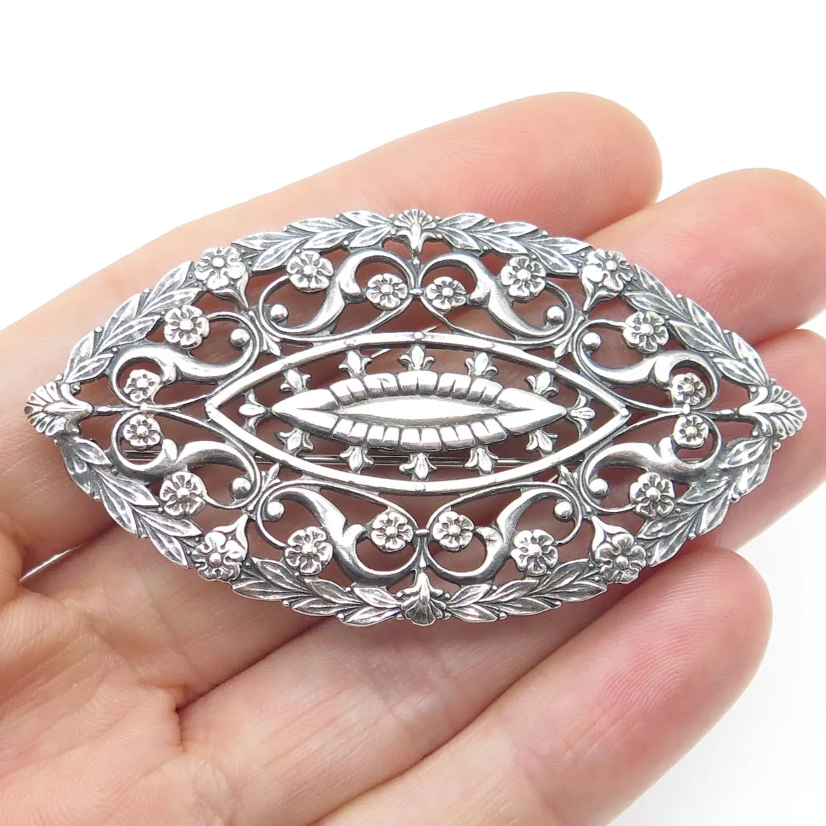 925 Sterling Silver Antique Art Deco Floral Leaf Pin Brooch
