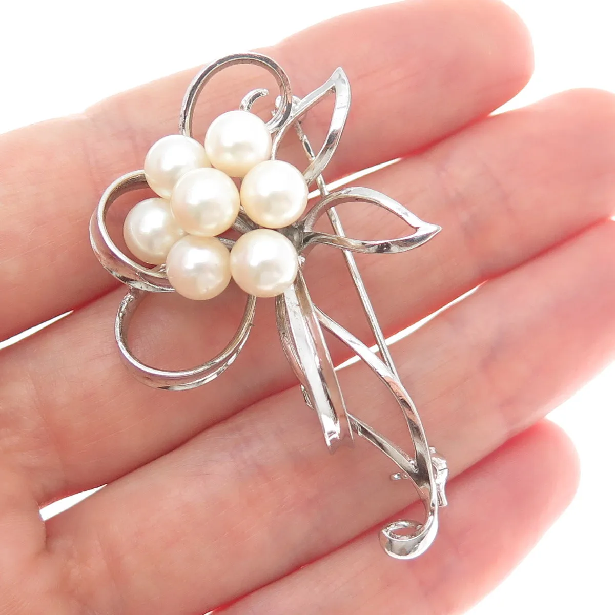925 Sterling Silver Antique Japan Real Akoya Pearl Floral Leaf Pin Brooch