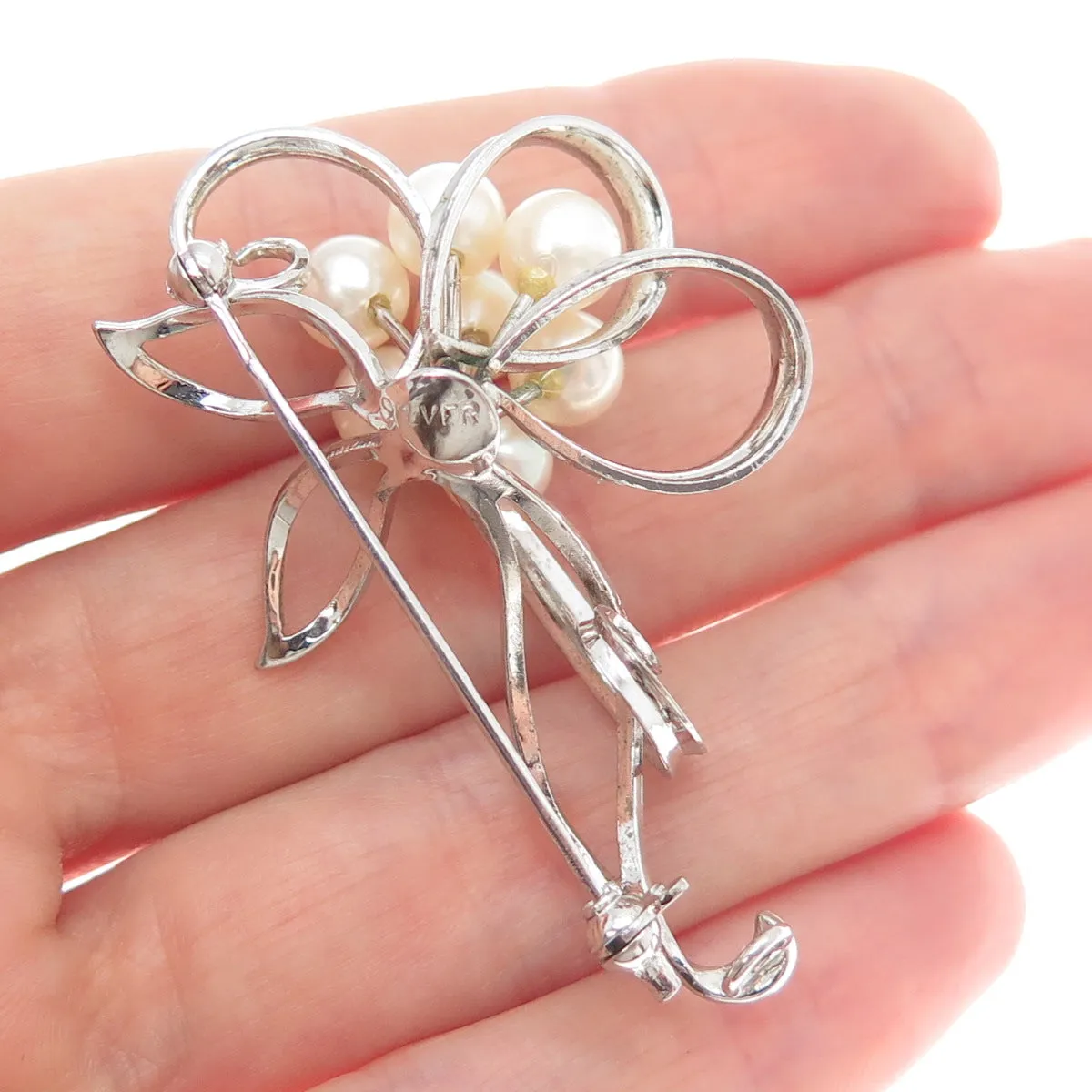 925 Sterling Silver Antique Japan Real Akoya Pearl Floral Leaf Pin Brooch