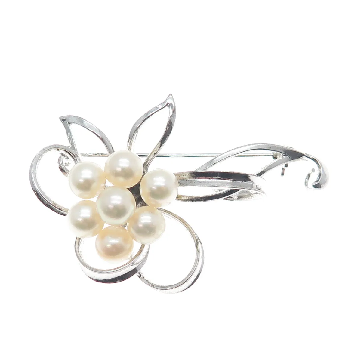 925 Sterling Silver Antique Japan Real Akoya Pearl Floral Leaf Pin Brooch