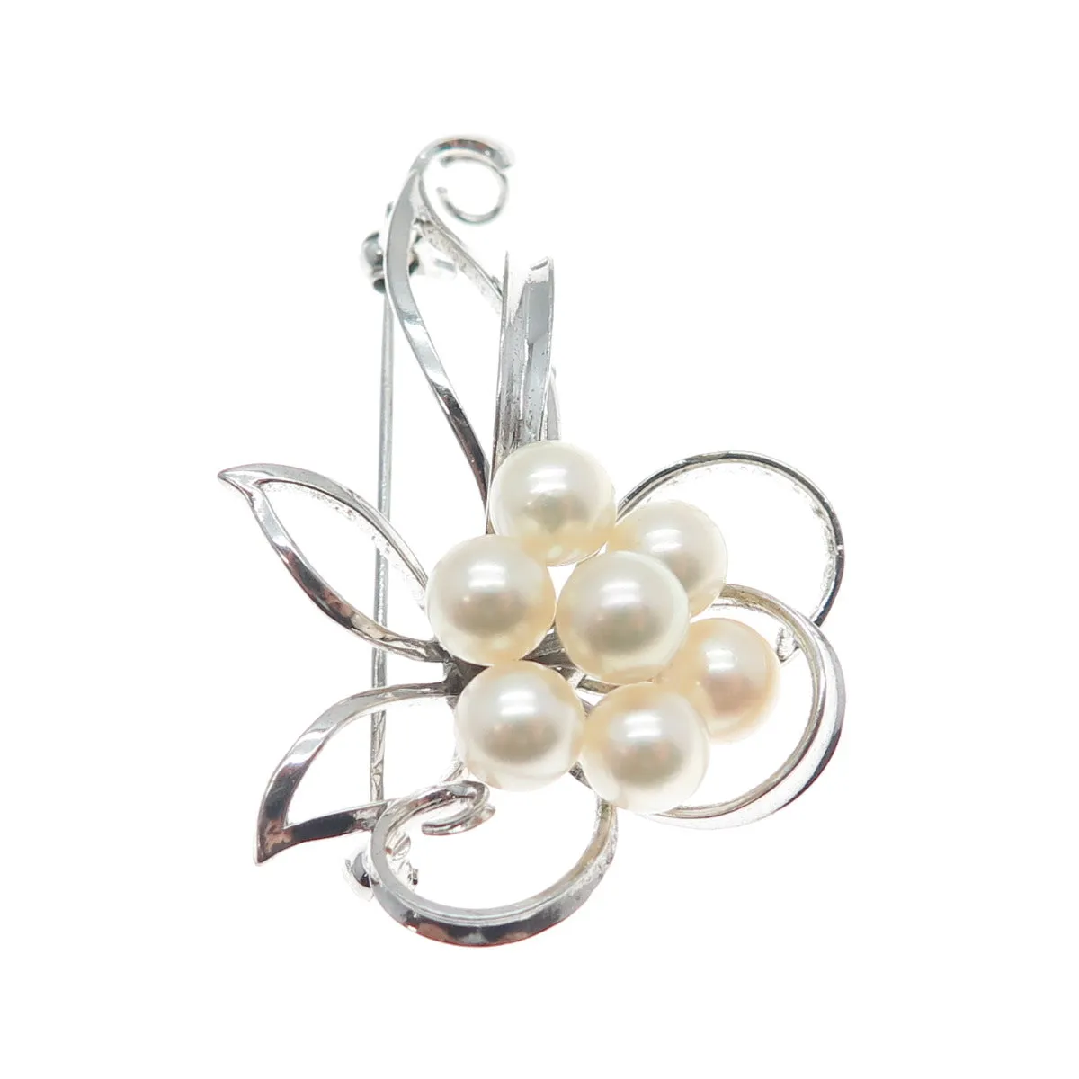 925 Sterling Silver Antique Japan Real Akoya Pearl Floral Leaf Pin Brooch