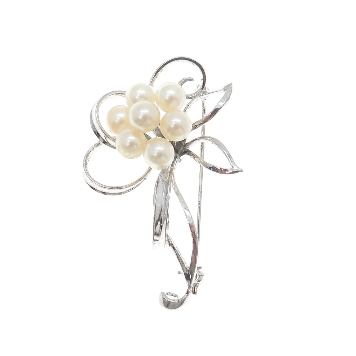 925 Sterling Silver Antique Japan Real Akoya Pearl Floral Leaf Pin Brooch