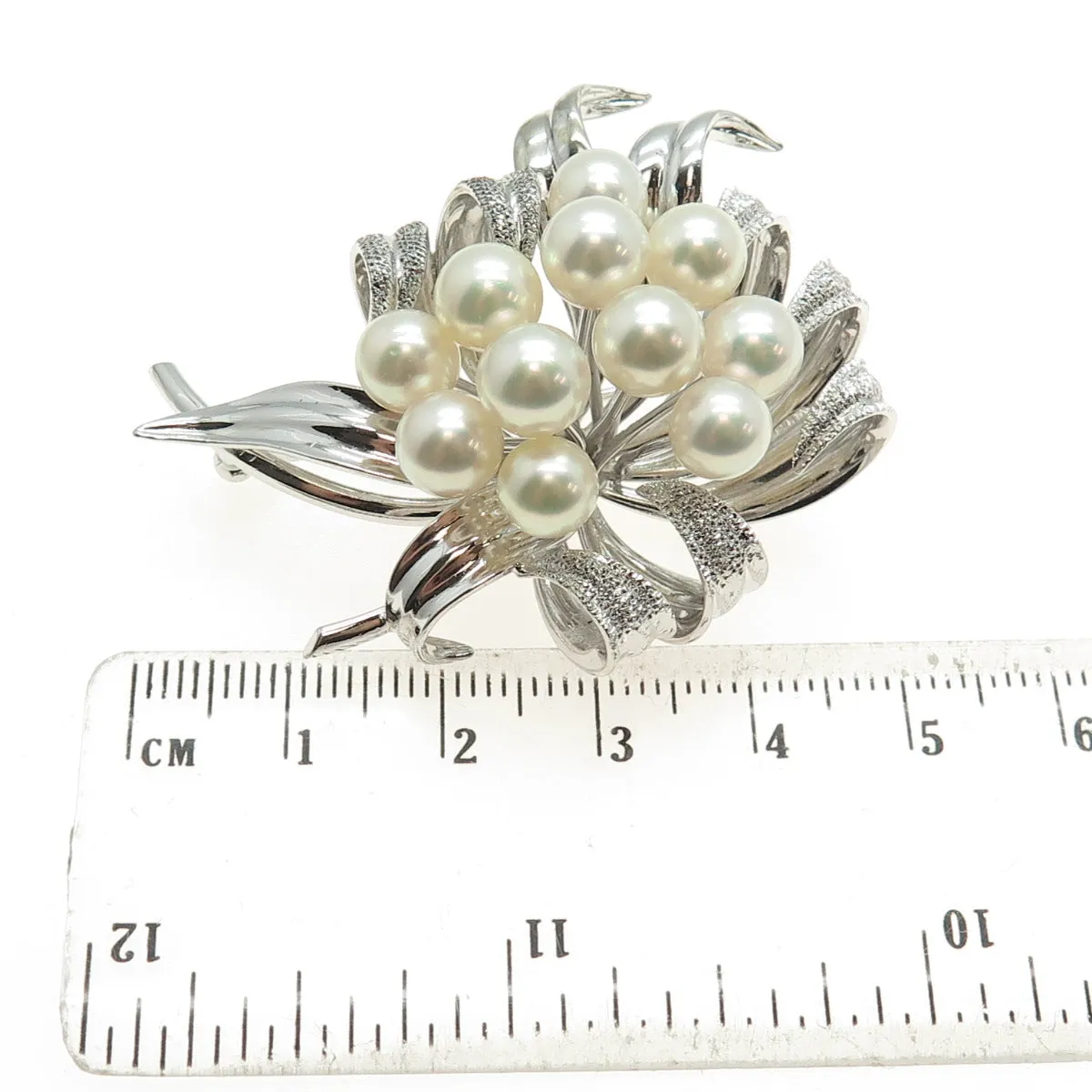 925 Sterling Silver Antique Japan Real Akoya Pearl Floral Pin Brooch