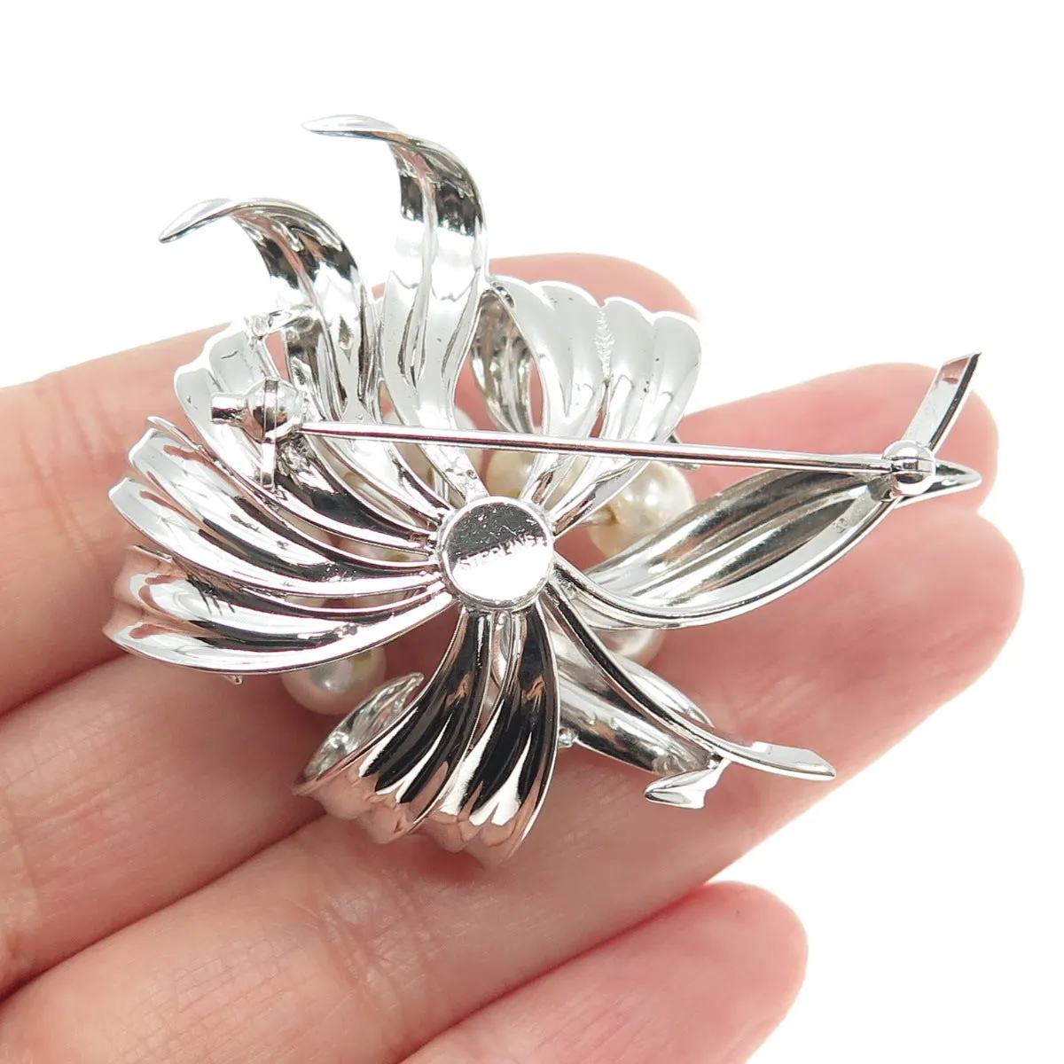 925 Sterling Silver Antique Japan Real Akoya Pearl Floral Pin Brooch