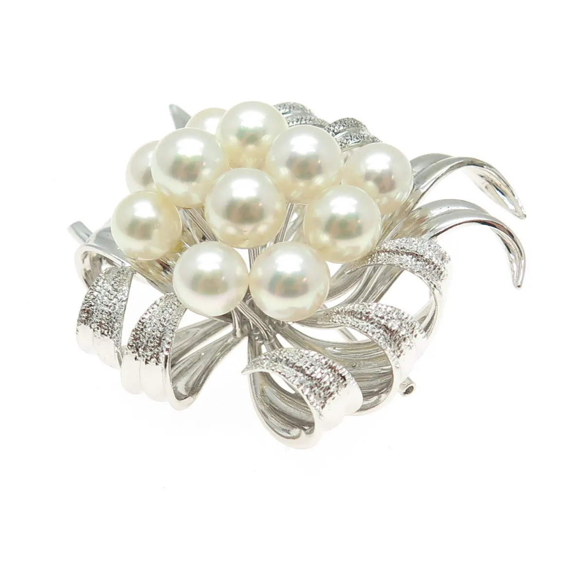 925 Sterling Silver Antique Japan Real Akoya Pearl Floral Pin Brooch