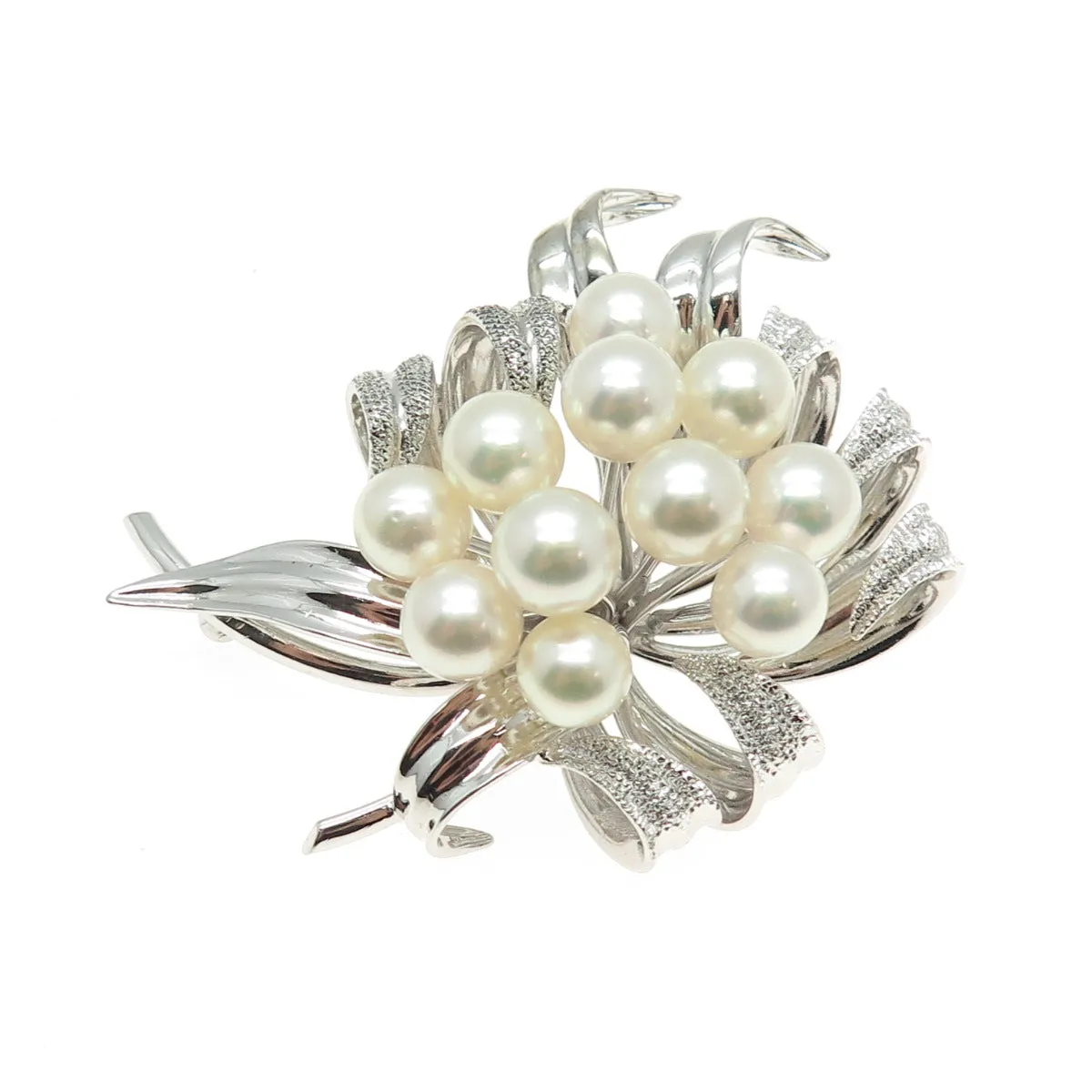 925 Sterling Silver Antique Japan Real Akoya Pearl Floral Pin Brooch