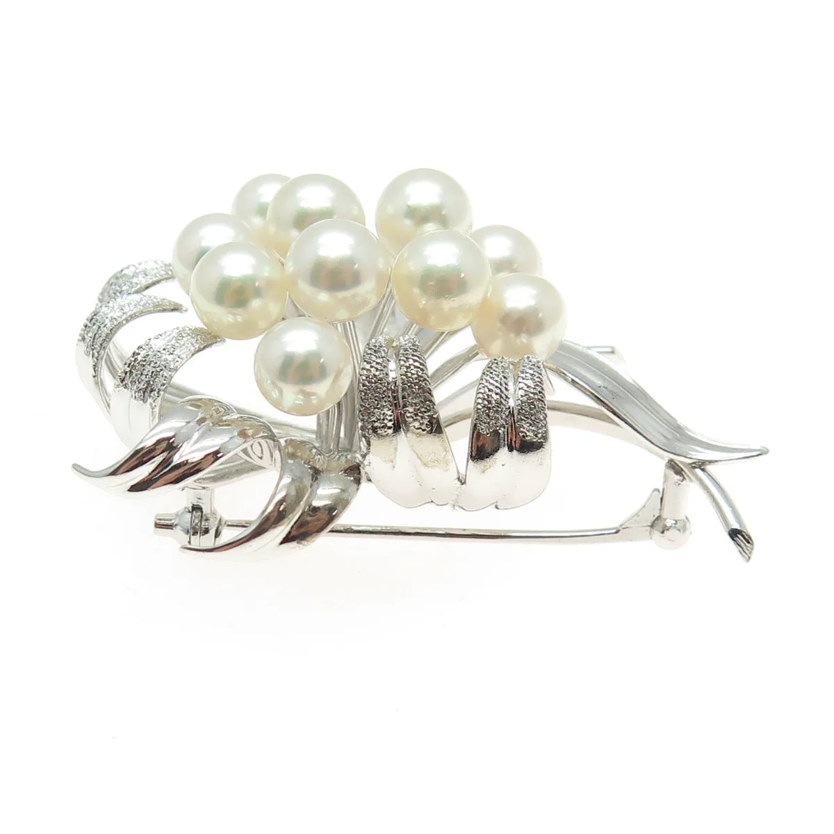 925 Sterling Silver Antique Japan Real Akoya Pearl Floral Pin Brooch