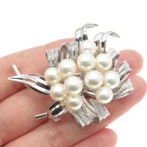 925 Sterling Silver Antique Japan Real Akoya Pearl Floral Pin Brooch