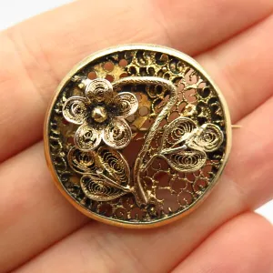 925 Sterling Silver Gold Plated Antique Floral Design Pin Brooch