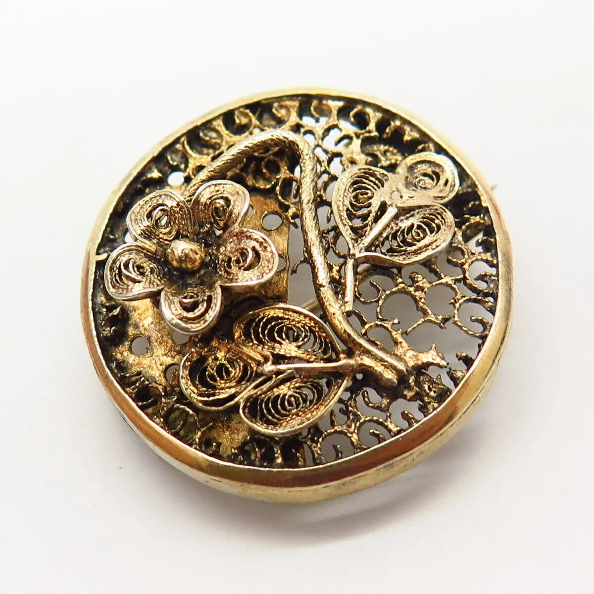 925 Sterling Silver Gold Plated Antique Floral Design Pin Brooch
