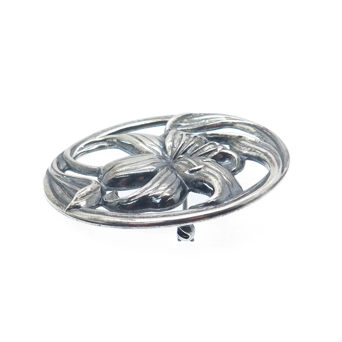 925 Sterling Silver Vintage Lily Floral Oxidized Pin Brooch PAT. 121374