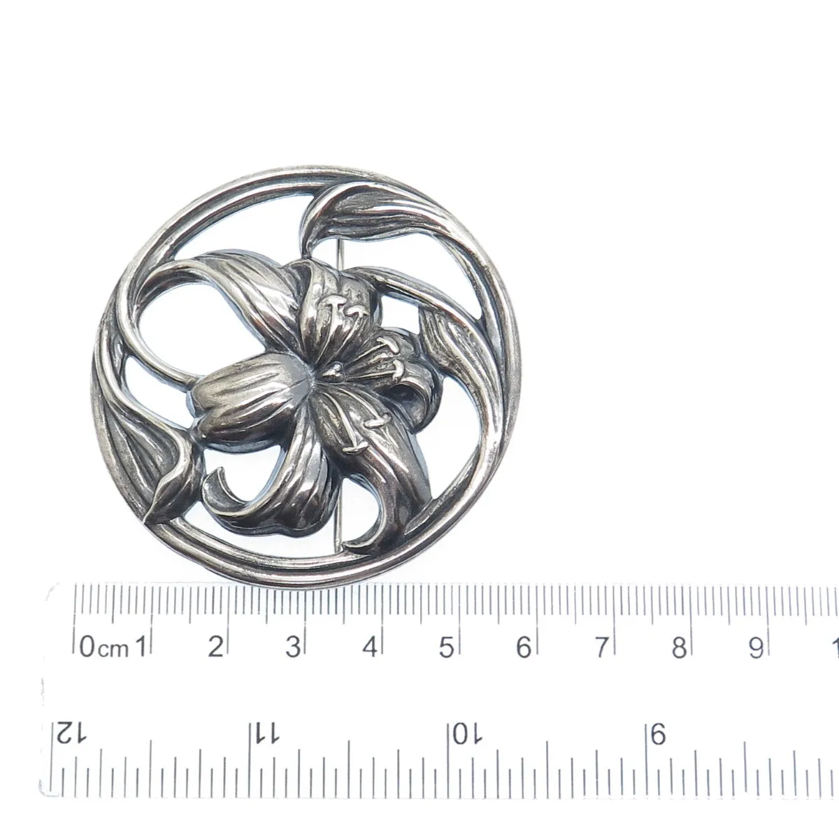 925 Sterling Silver Vintage Lily Floral Oxidized Pin Brooch PAT. 121374