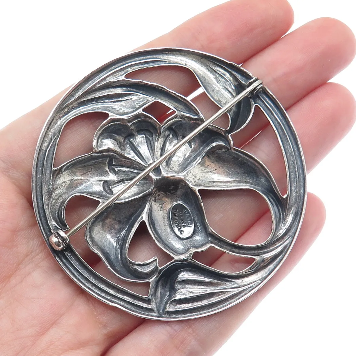 925 Sterling Silver Vintage Lily Floral Oxidized Pin Brooch PAT. 121374