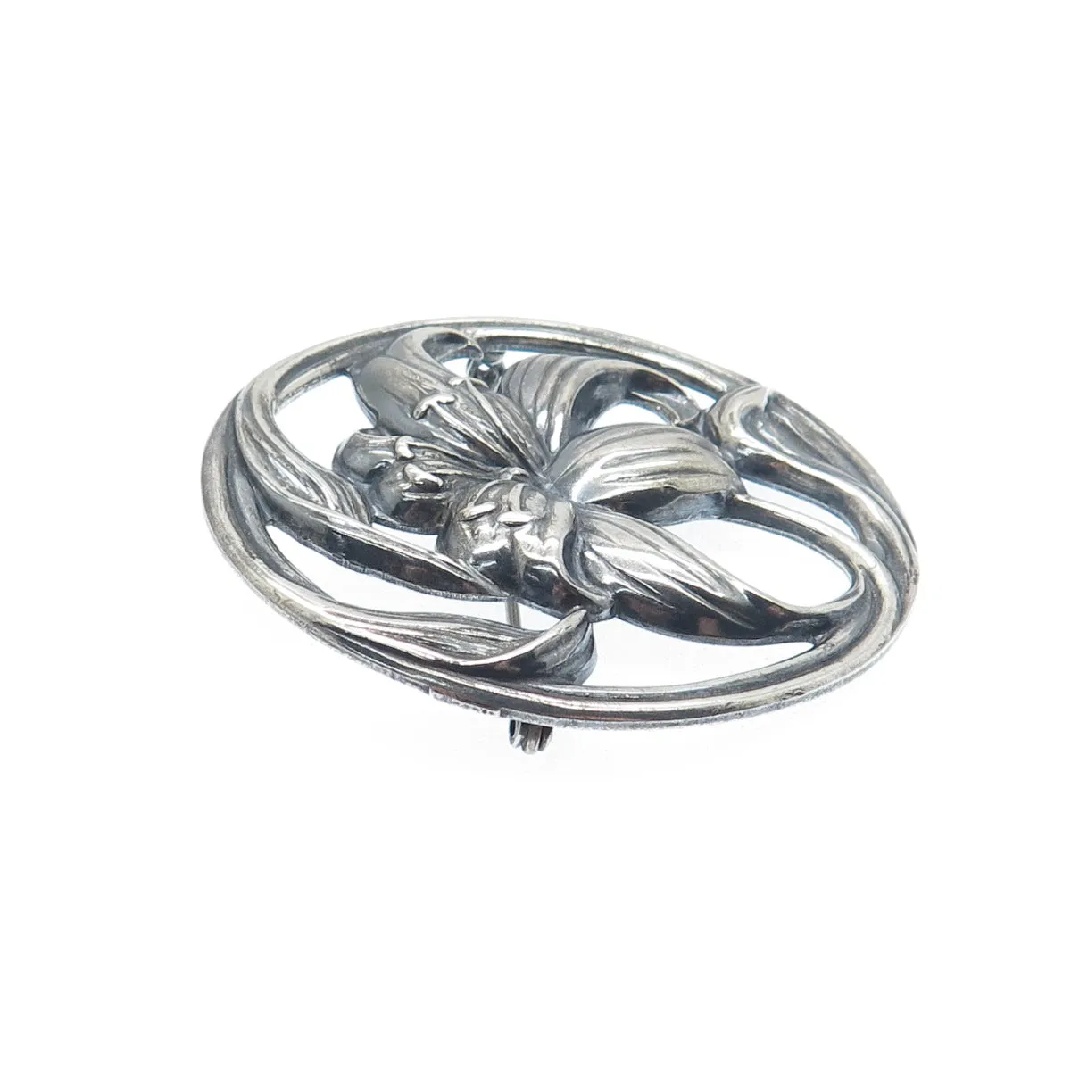 925 Sterling Silver Vintage Lily Floral Oxidized Pin Brooch PAT. 121374